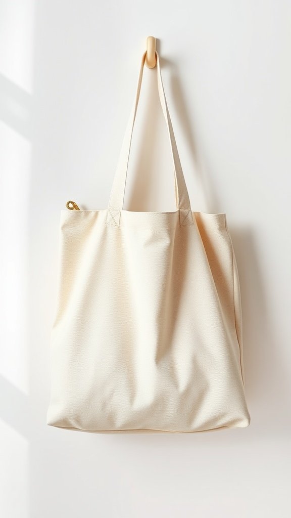 Una sencilla bolsa de lino beige colgada de un gancho.