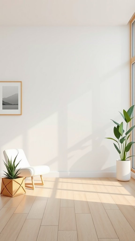 Una habitación luminosa y minimalista con una pared blanca, un cuadro enmarcado, una silla y plantas.