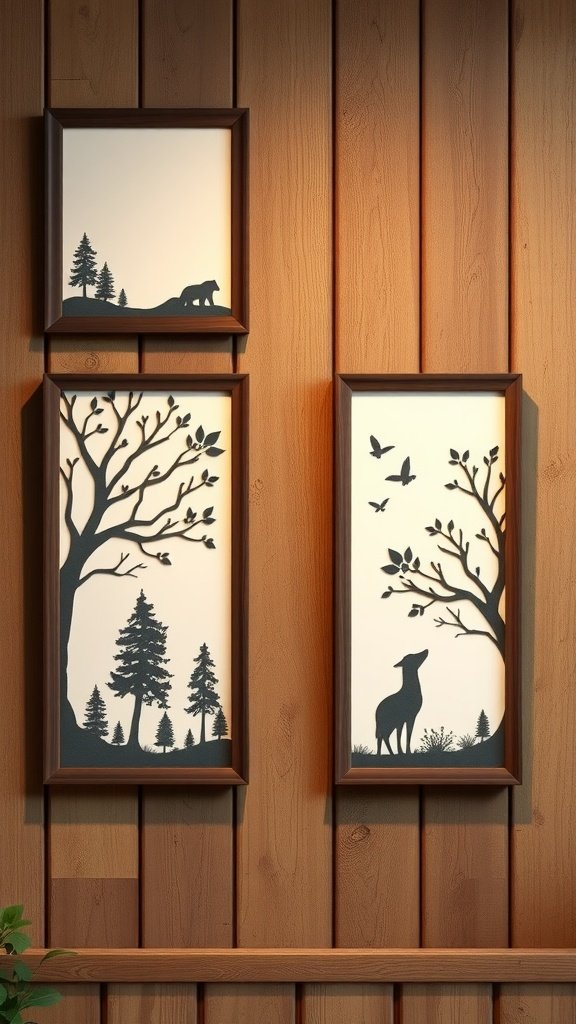 Siluetas recortadas en papel inspiradas en la naturaleza que representan árboles y animales en obras de arte enmarcadas.