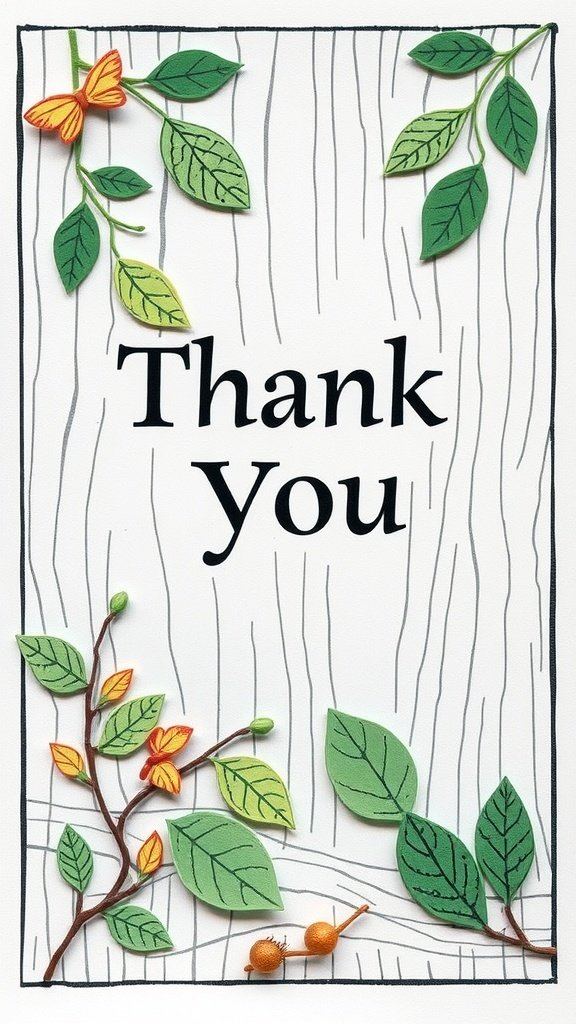 Tarjeta de agradecimiento inspirada en la naturaleza con hojas y una mariposa.