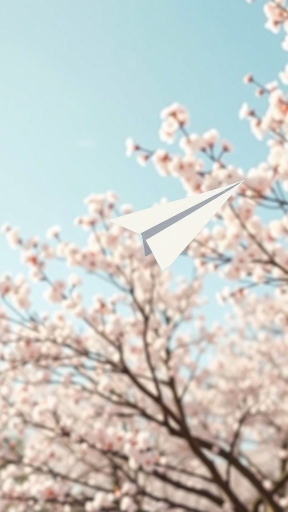Un avión de papel volando sobre un fondo de cerezos en flor y un cielo azul claro.