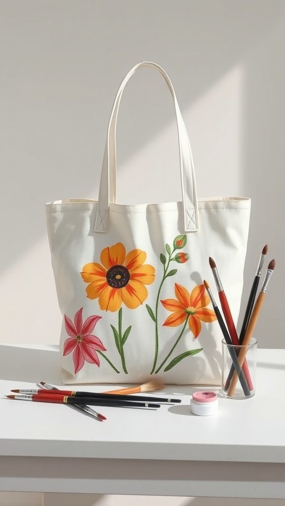 Una bolsa de mano DIY pintada con flores de colores sobre una mesa rodeada de pinceles.