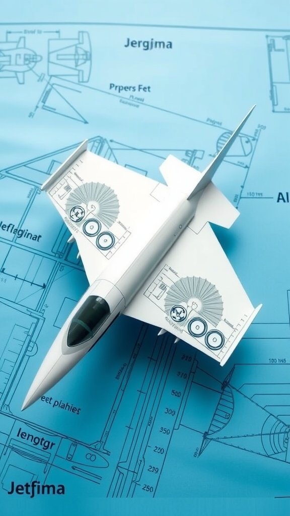 Un modelo de avión de papel sobre dibujos técnicos azules que muestran detalles del motor.