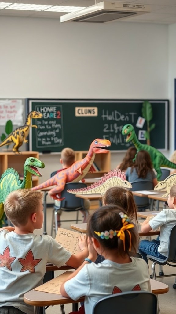 Niños creando modelos de dinosaurios de papel maché en un aula.