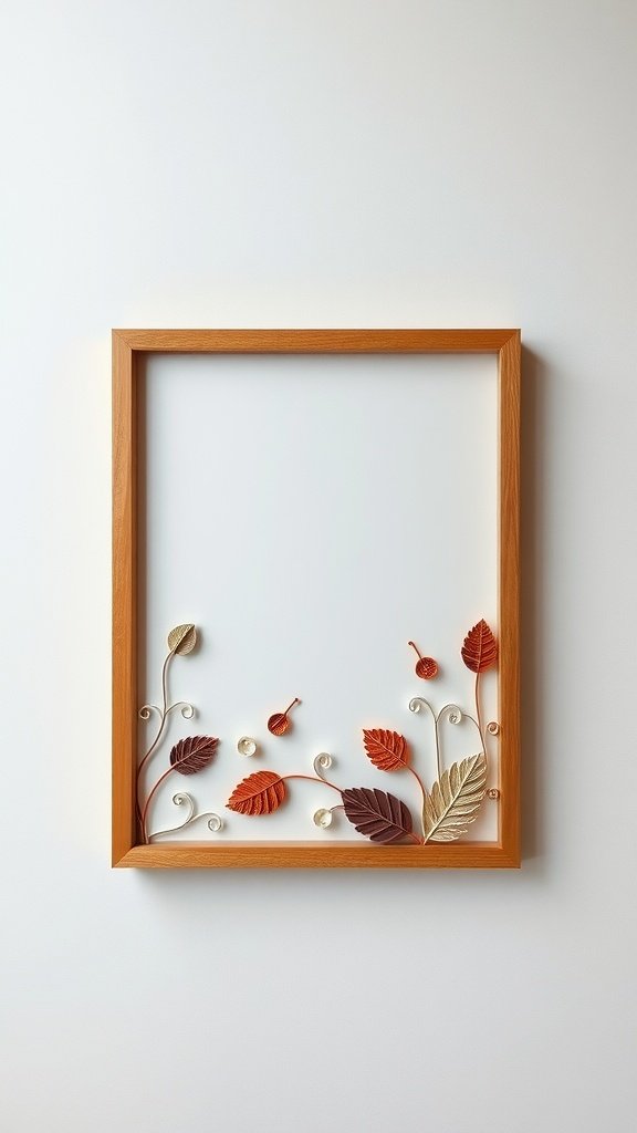 Un marco que muestra intrincados diseños hechos con papel quilling, con hojas y espirales.