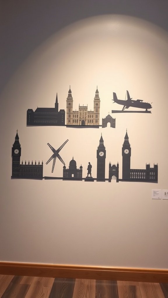 Siluetas de papel de monumentos famosos en una pared