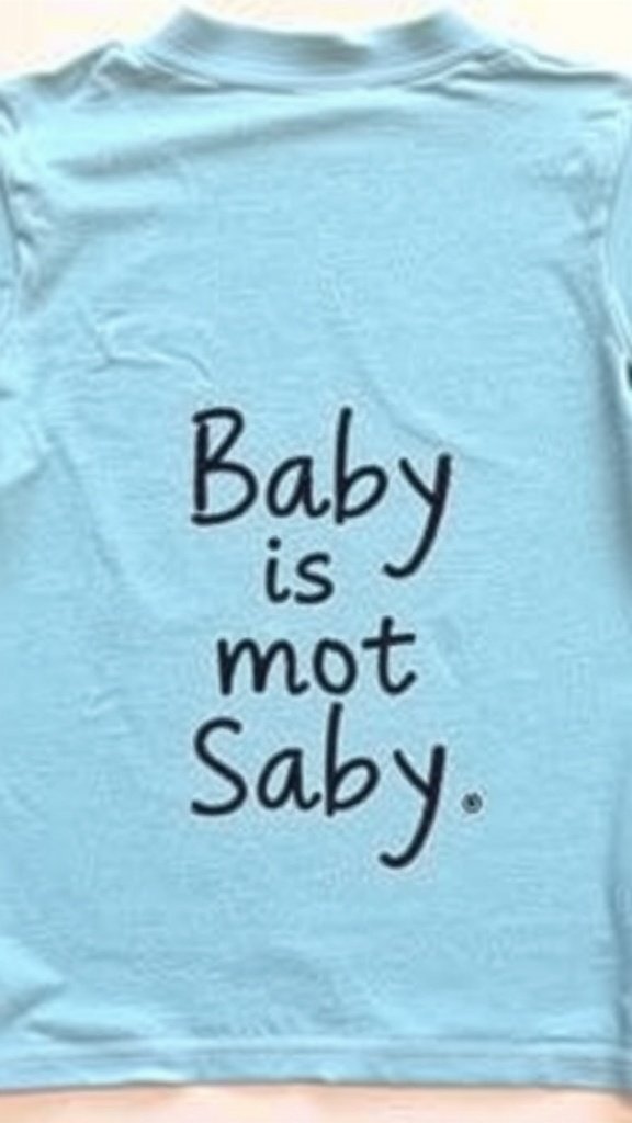 Camiseta de bebé de color azul claro con el texto 'Baby is mot Saby' en la espalda.