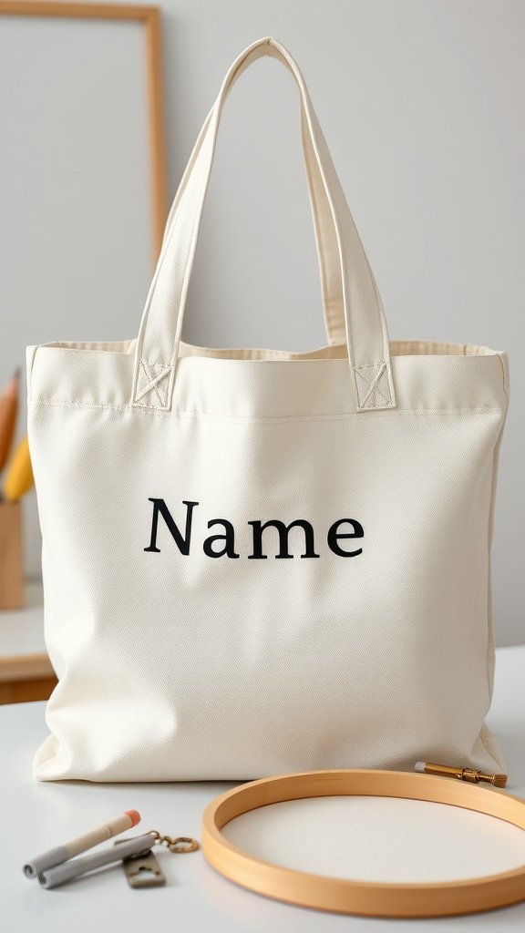 Una bolsa de mano personalizada con la palabra 'Nombre' escrita en ella, colocada sobre una superficie con un bastidor de bordado de madera y algunos materiales de arte cerca.