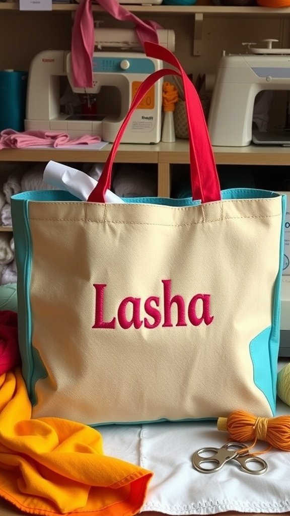 Una bolsa de mano personalizada con el nombre “Lasha” bordado, rodeada de telas coloridas y suministros de costura.