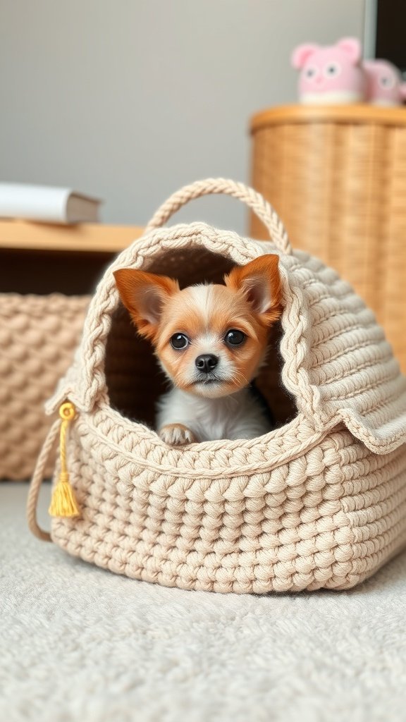 Un perro pequeño asomándose desde una bolsa de transporte para mascotas tejida a crochet.