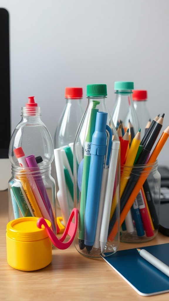 Varias botellas de plástico reutilizadas como contenedores de almacenamiento para bolígrafos y lápices en un escritorio.