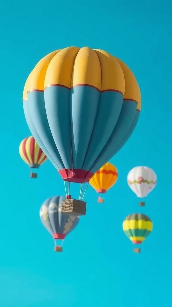 Globos aerostáticos de papel maché de colores en un cielo azul.