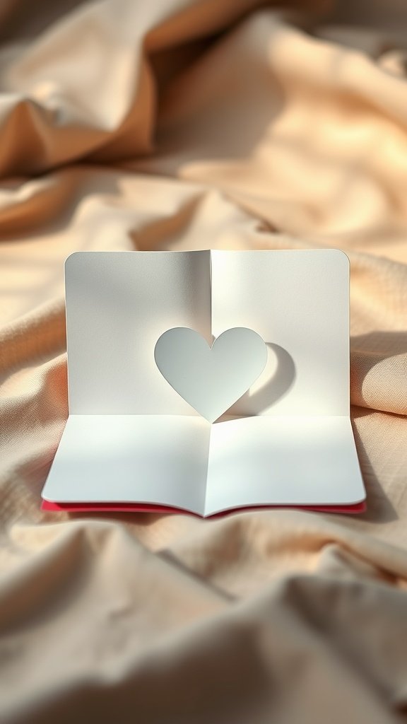 Una tarjeta con forma de corazón emergente abierta sobre un fondo de tela suave.
