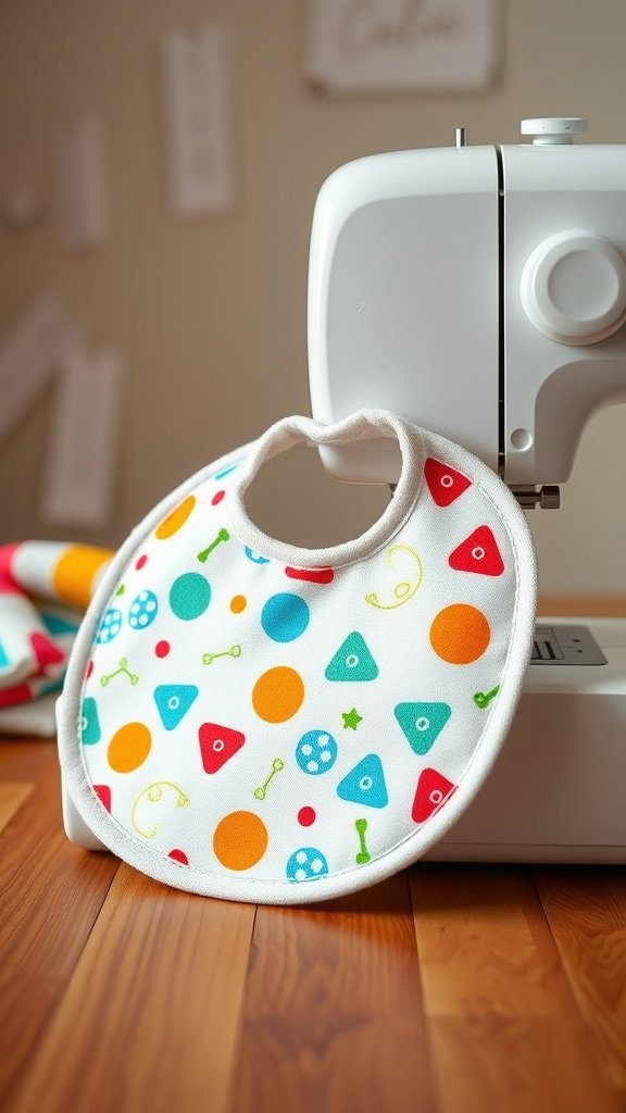 Babero de bebé colorido con formas divertidas junto a una máquina de coser