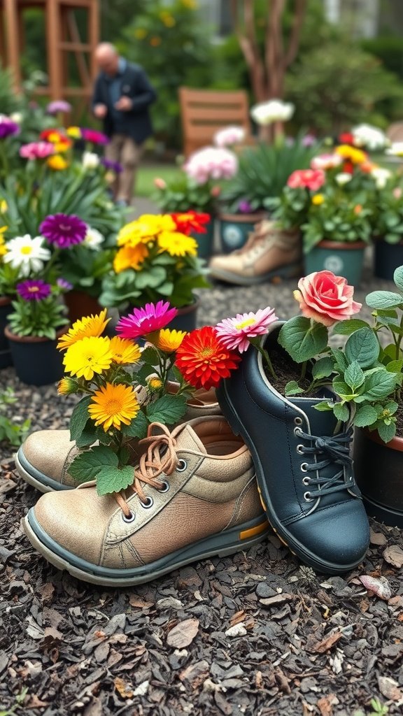 Zapatos viejos llenos de flores en un entorno de jardín.