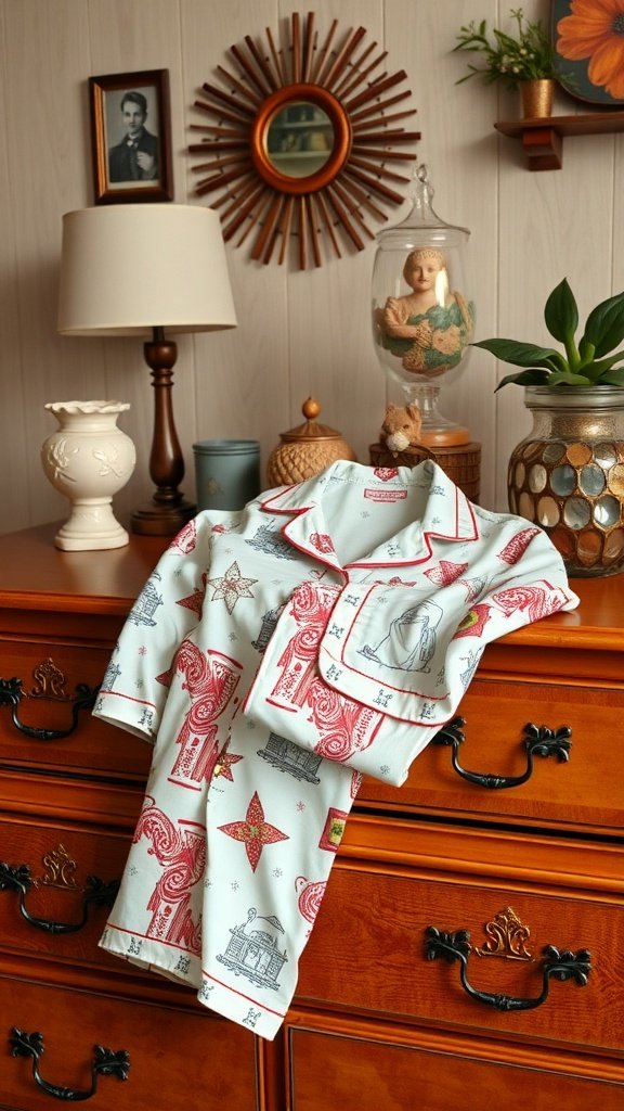Un conjunto de pijama con estampado retro exhibido en una cómoda de madera, con patrones divertidos y un ambiente acogedor.
