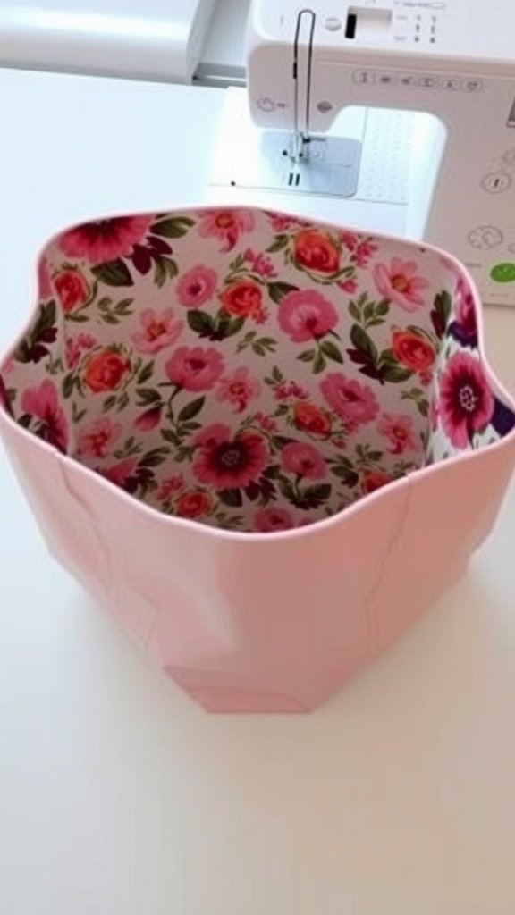 Una bolsa de tela reversible con un exterior rosa y un interior floral, colocada sobre la mesa de una máquina de coser.