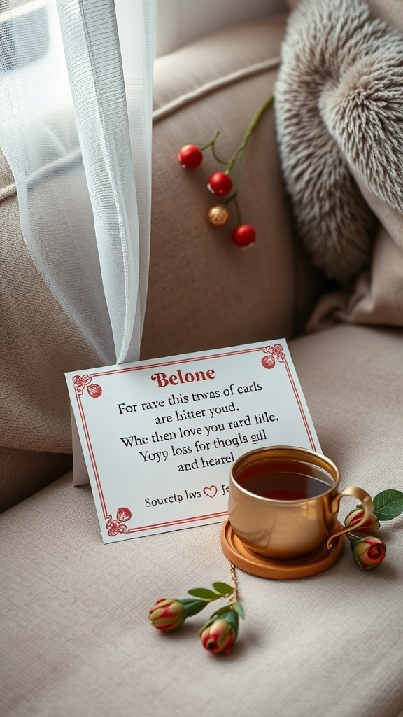 Una tarjeta romántica para raspar con una taza de té y flores en un sofá acogedor.