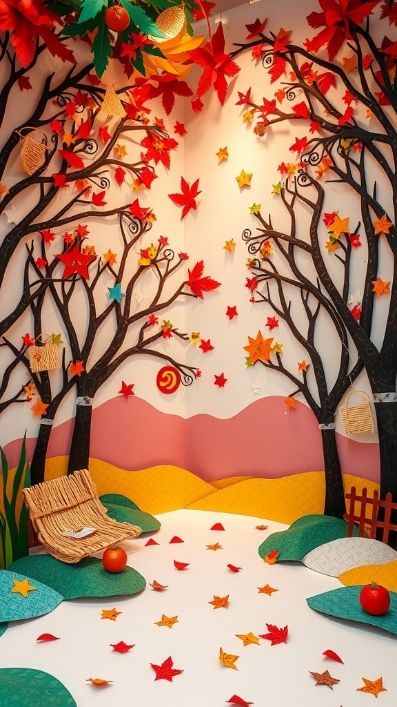 Arte de papel colorido que representa hojas de otoño y árboles caprichosos.