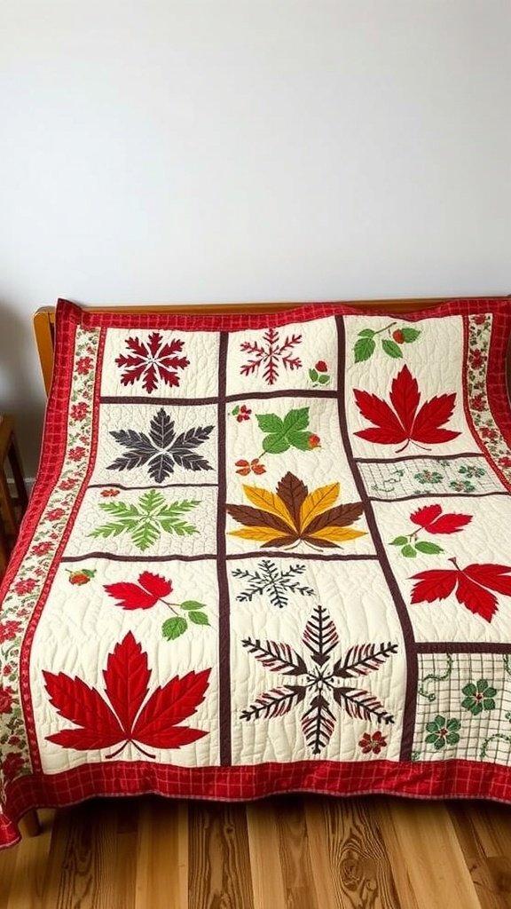 Una colcha con temática de temporada que presenta hojas y copos de nieve en colores vibrantes.