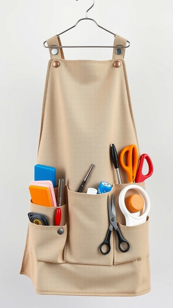 Un delantal de manualidades de color beige con varias herramientas y suministros en sus bolsillos, colgado de un gancho.