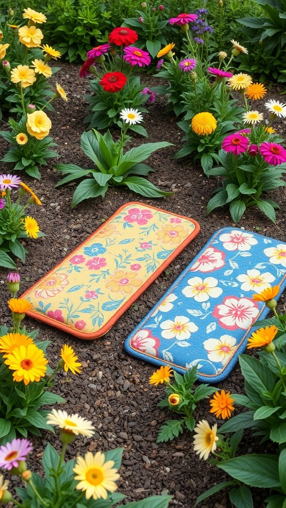 Dos coloridas arrodilladeras de jardín en el suelo rodeadas de flores.