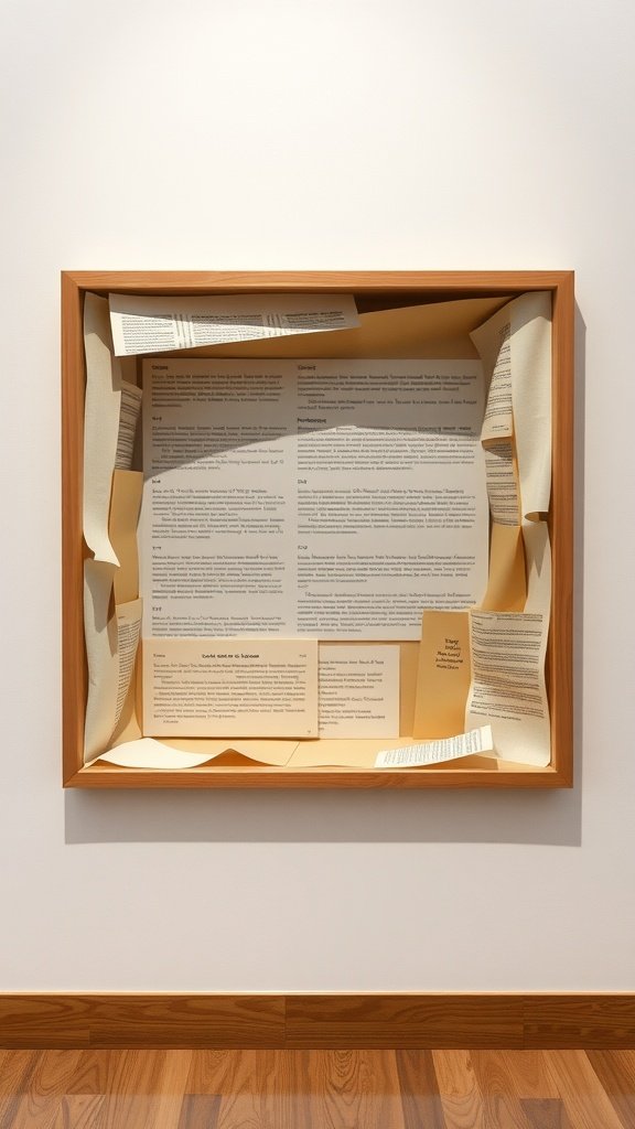 Una caja de sombras que presenta papeles en capas en varias texturas y colores.