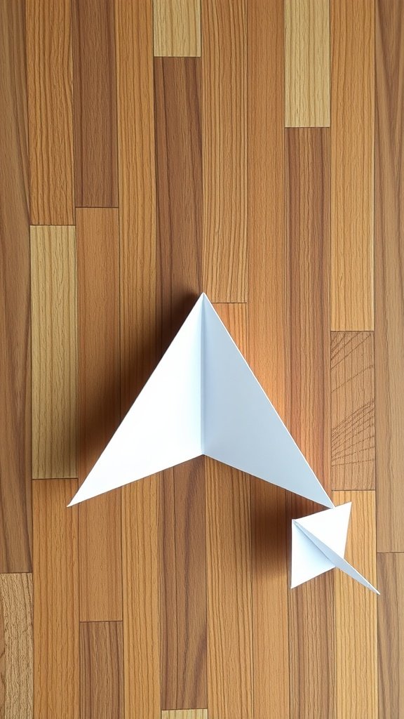 Vista superior de un diseño simple de avión de papel con forma de A sobre una superficie de madera.