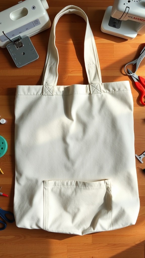 Una sencilla bolsa de lona con un bolsillo frontal, rodeada de suministros de costura.