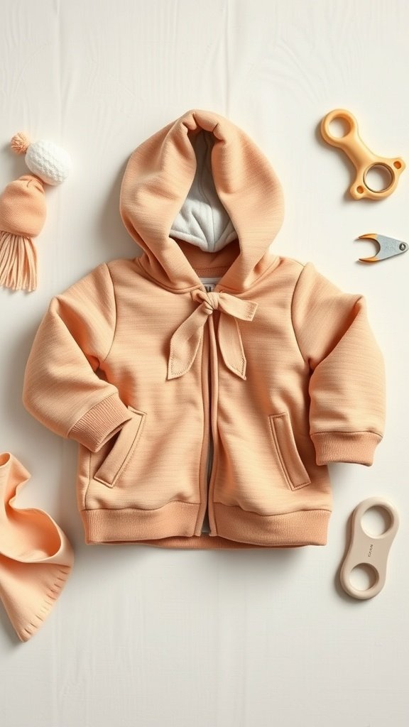 Una chaqueta de bebé de color melocotón suave con capucha, cierre de lazo y bolsillos, rodeada de herramientas de costura.