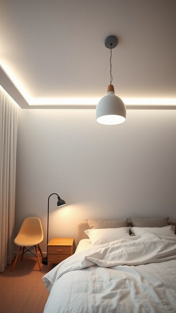 A minimalist bedroom with soft, diffused lighting from ceiling and lamps.