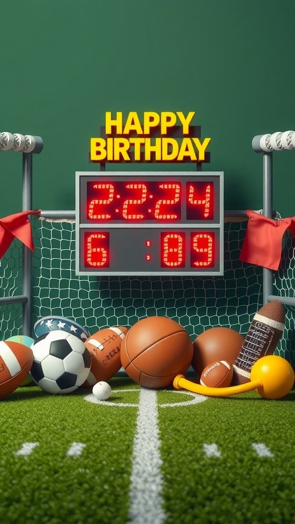 Una idea de tarjeta de cumpleaños colorida que presenta elementos deportivos como pelotas y un marcador.
