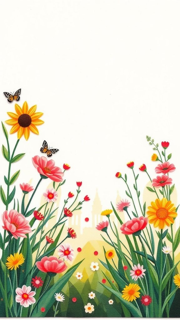 Escena de jardín primaveral colorido con flores y mariposas.