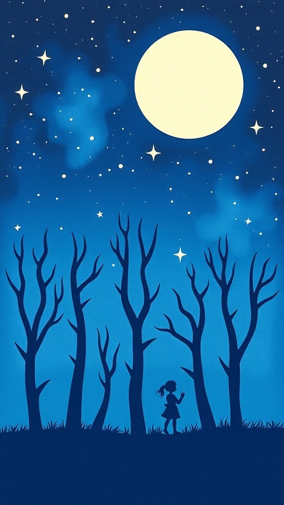 Una ilustración caprichosa de una noche estrellada con siluetas de árboles y una niña mirando la luna.