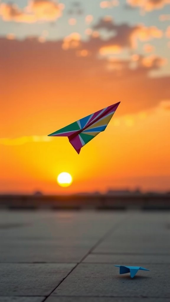 Avión de papel colorido volando durante la puesta de sol con otro avión de papel en el suelo.
