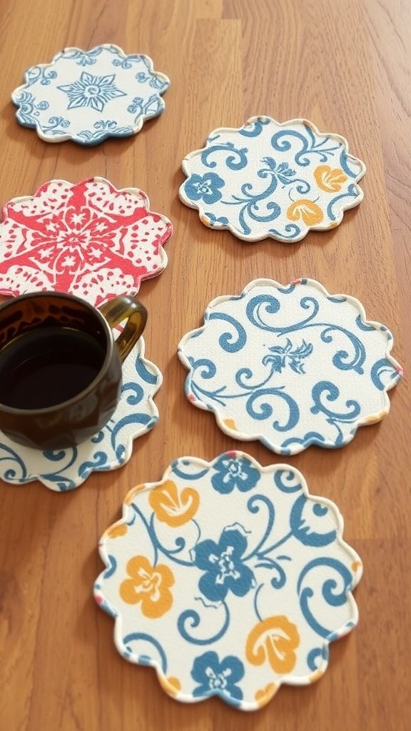 Posavasos de tela de colores con varios patrones sobre una mesa de madera con una taza de café.