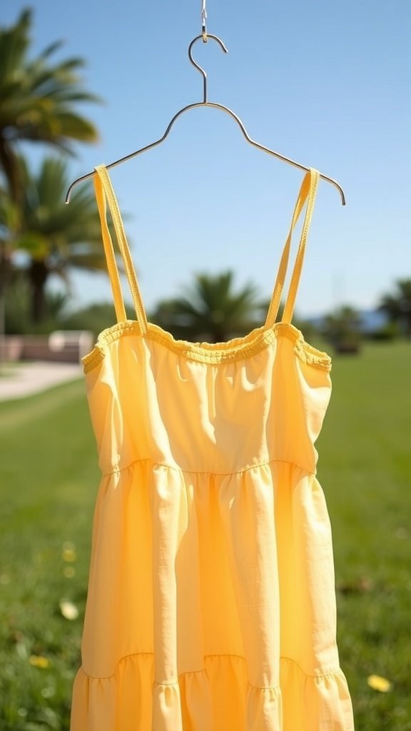 Un vestido de verano amarillo con tirantes ajustables colgado de una percha sobre un fondo soleado.