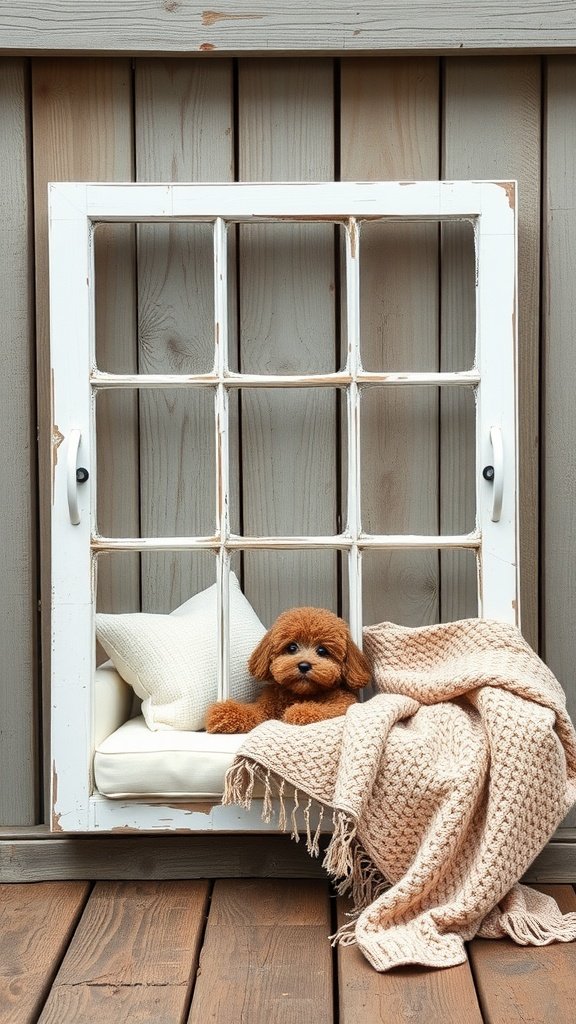 Un marco de cama para mascotas hecho a partir de una ventana vieja, que incluye un cojín y una manta de felpa y un perro de juguete descansando sobre él.