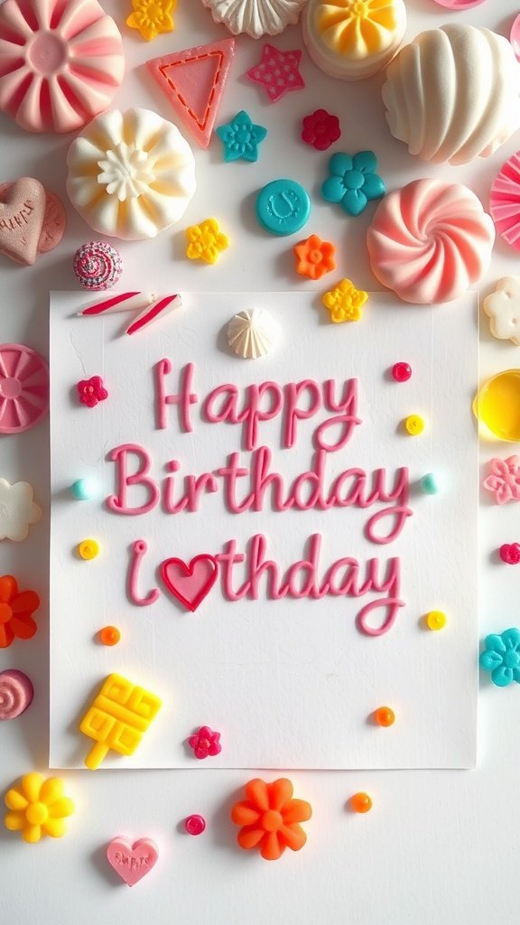 Tarjeta de cumpleaños colorida rodeada de dulces y decoraciones.