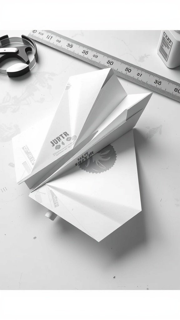 Un innovador diseño de avión de papel con un aspecto elegante, rodeado de tijeras y una regla.