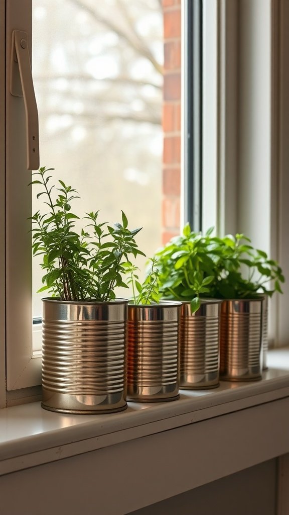 Cuatro jardineras hechas con latas de conserva con hierbas de cocina en el alféizar de una ventana.