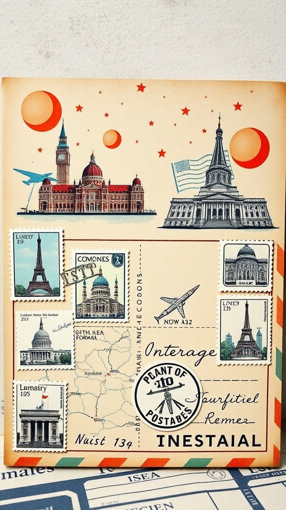 Una vibrante postal con temática de viajes que incluye lugares emblemáticos y sellos.