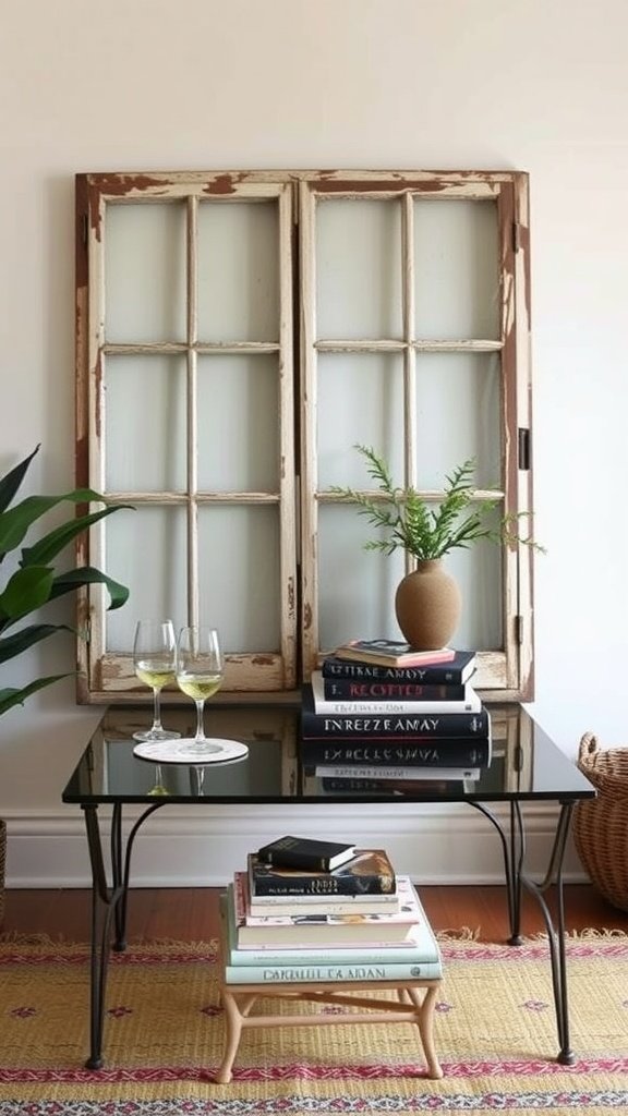 Una mesa de café hecha a partir de un marco de ventana antiguo, con una tapa de cristal y elementos decorativos.