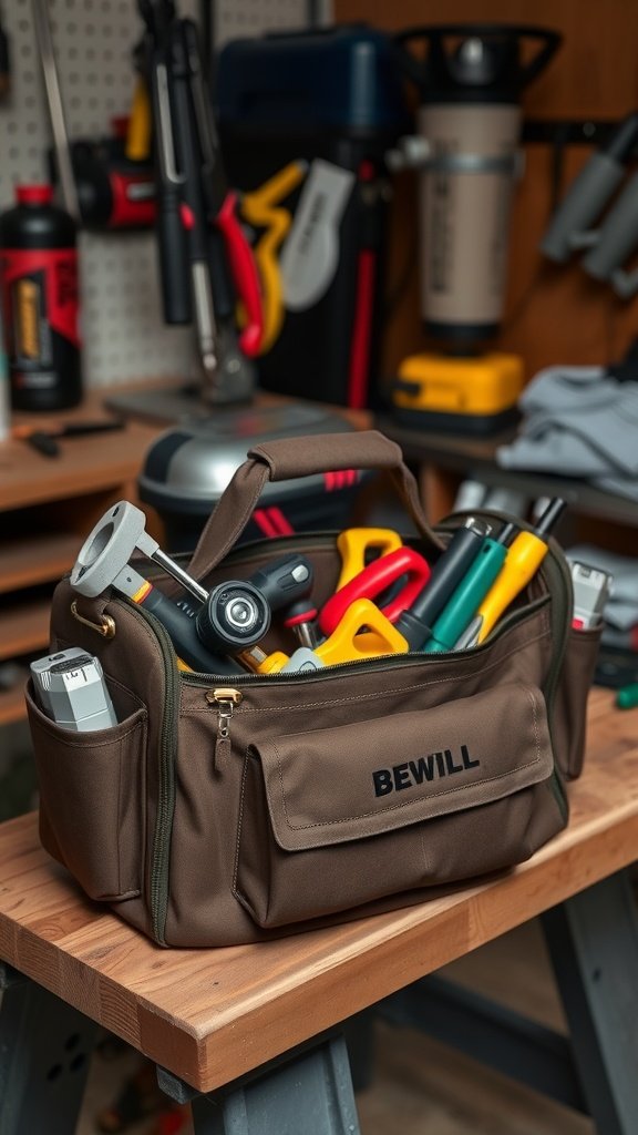 Una bolsa de herramientas con múltiples compartimentos llenos de herramientas, colocada sobre un banco de trabajo.