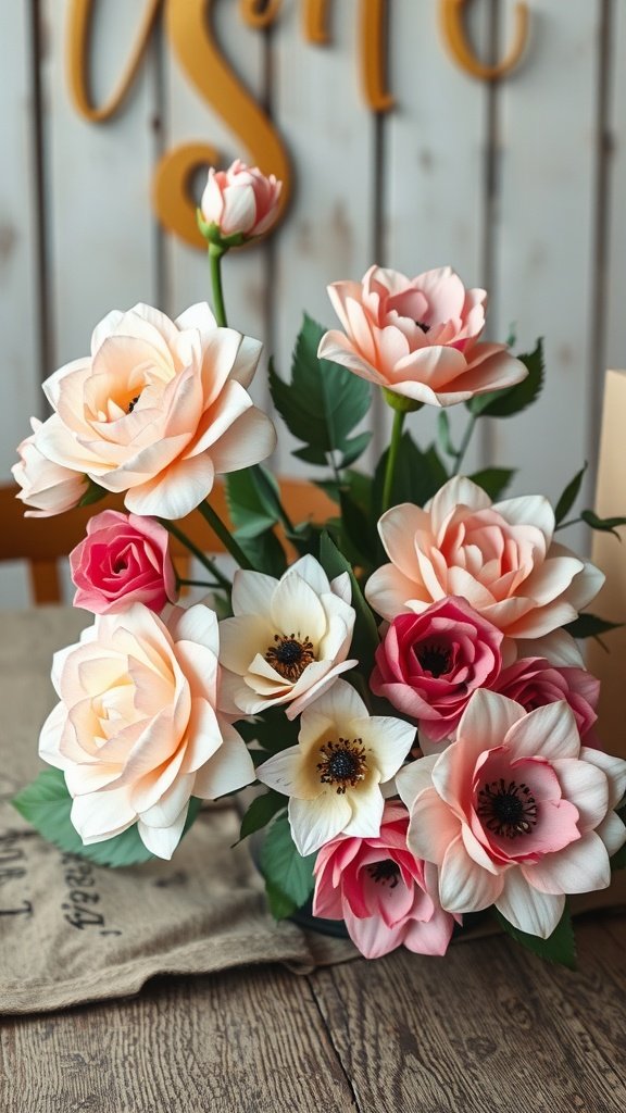 Un ramo de flores de papel de inspiración vintage en colores suaves sobre una mesa de madera.