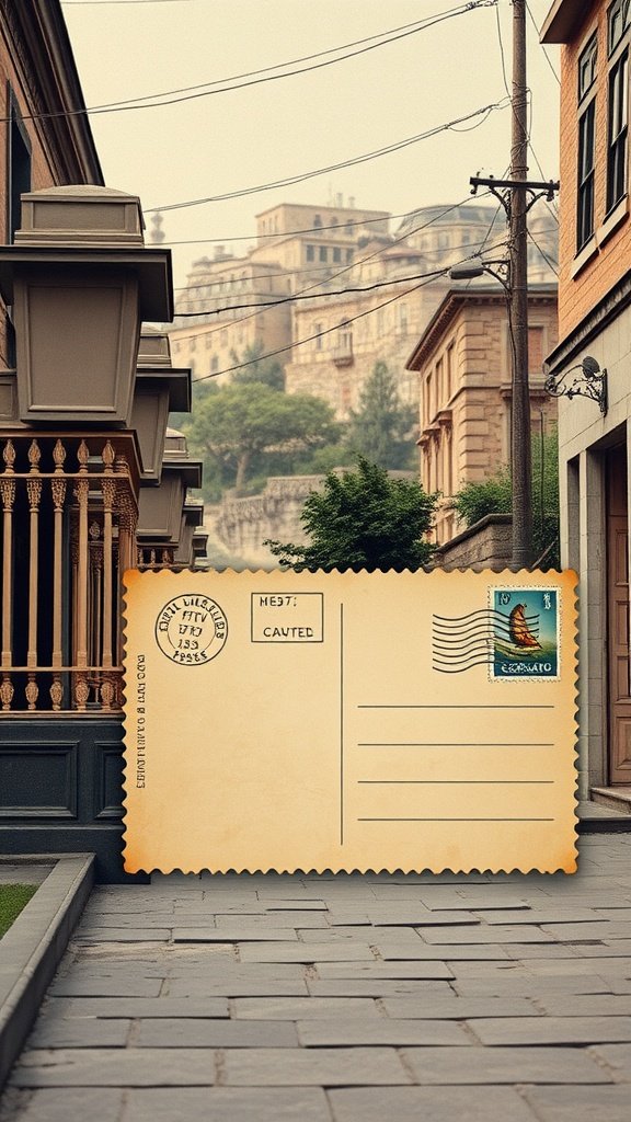 Un diseño de postal vintage que presenta una vista panorámica y detalles antiguos.