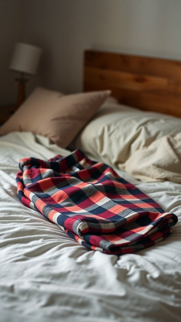 Pantalones de pijama de franela doblados sobre una cama