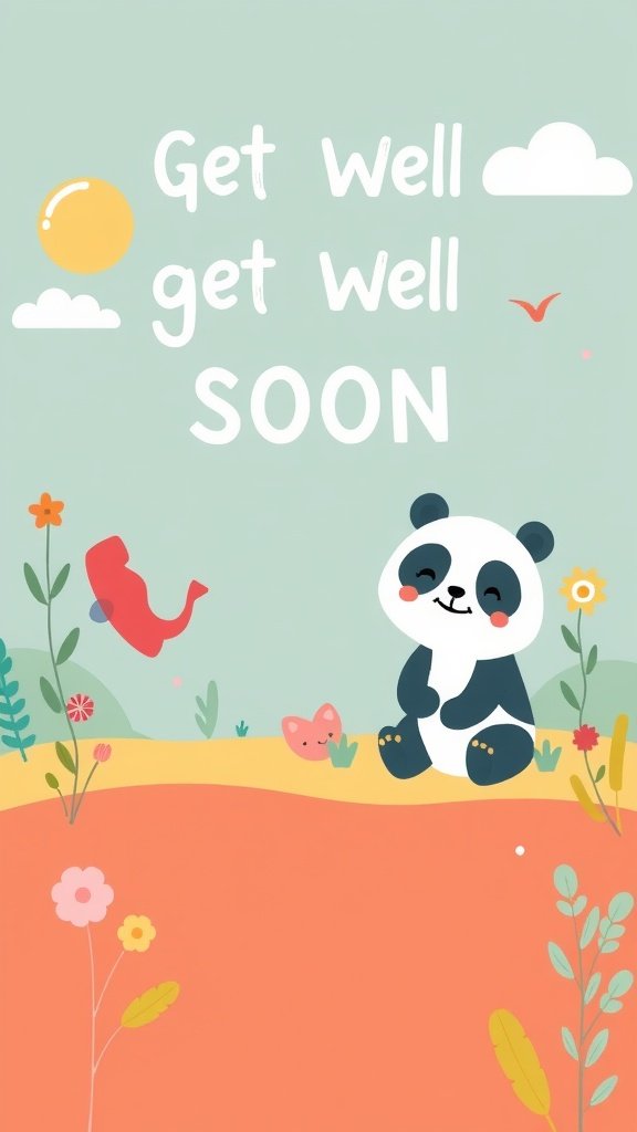 Una linda ilustración de panda con el texto 'Mejórate pronto' rodeado de flores y un cielo soleado.
