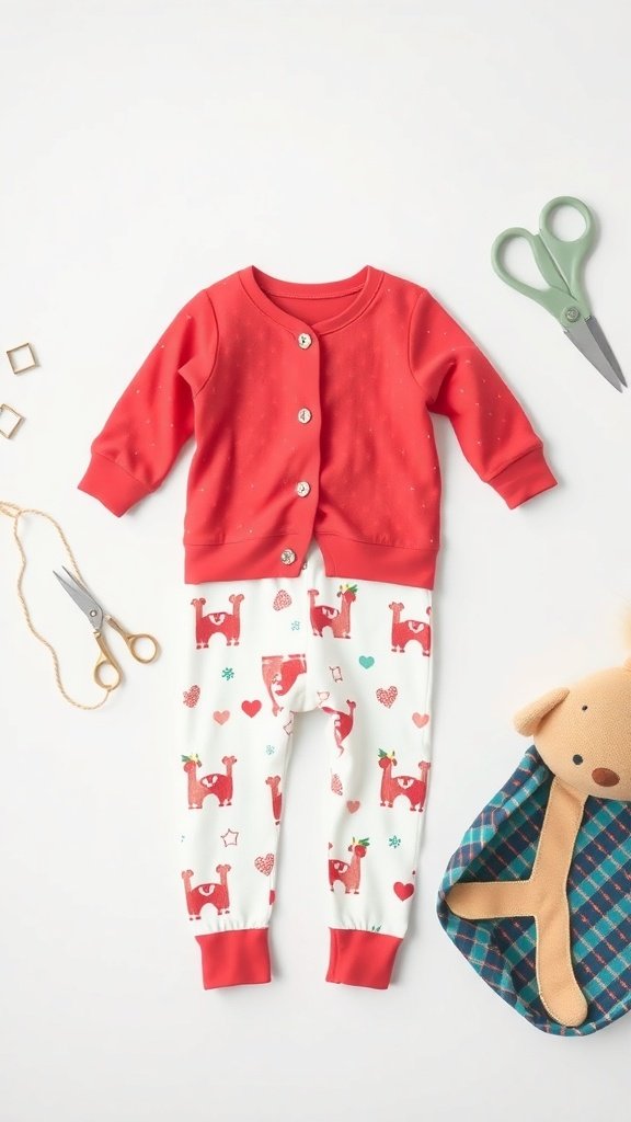 Un extravagante conjunto de pijama para bebé que incluye un cárdigan rojo y pantalones estampados con divertidos diseños de animales.