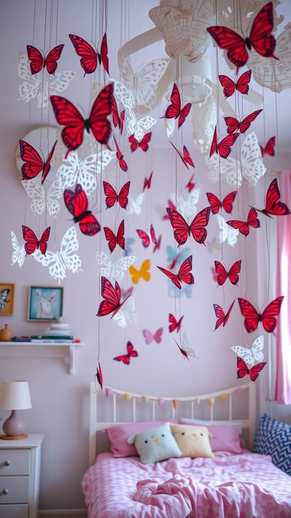 Mariposas de papel de colores colgando de cuerdas en un dormitorio acogedor.